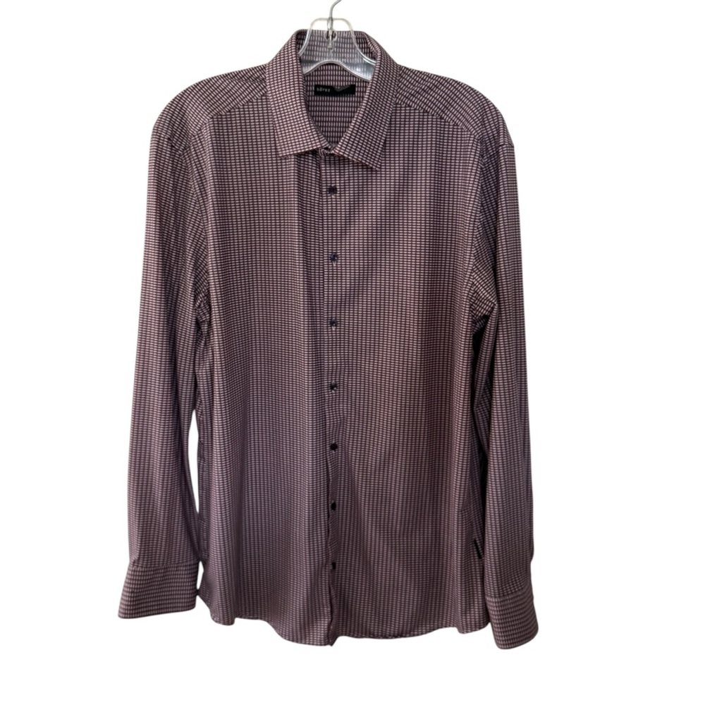 Horst Men’s Button Up Dress Shirt Size 17 XL Burgundy White Gingham Stretch